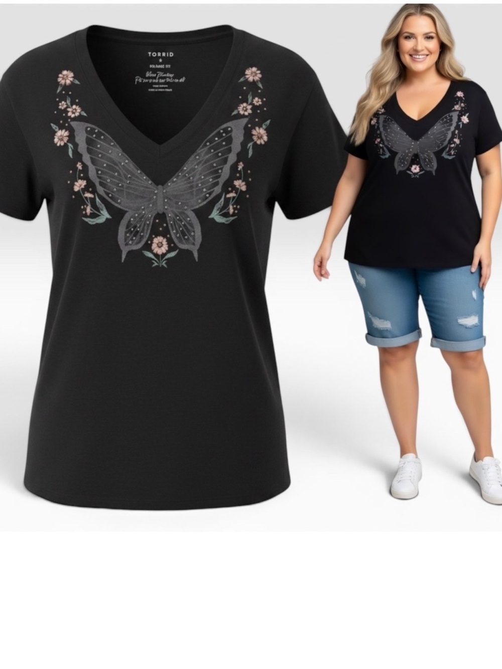 torrid Black V-Neck Tee with Gray Butterfly and Pink Floral Accents